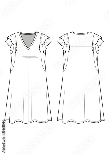 womenswear flutter cap sleeve detail v-neck knee length dress fashion technical drawing / flat sketch /CAD / ADOBE Illustrator vector digital download	
