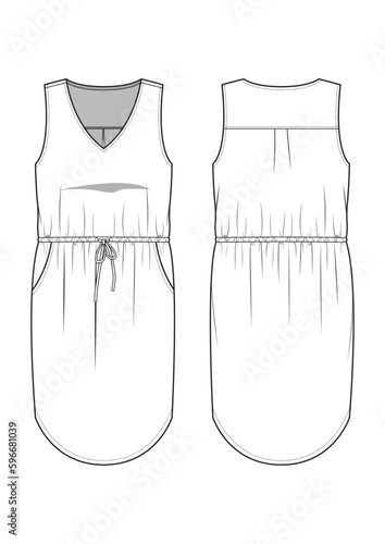 Womenswear sleeveless v-neck waist cinched casual skirt fashion technical drawing / flat sketch /CAD / ADOBE Illustrator vector digital download	
