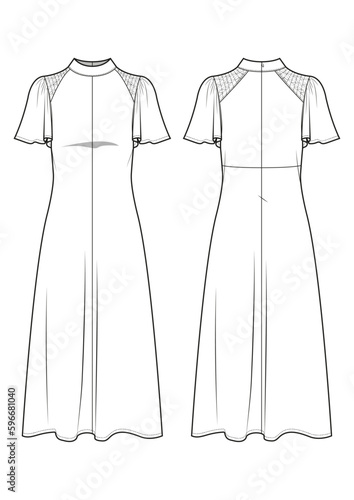 womenswear flutter sleeve smocking shoulder midi dress fashion technical drawing / flat sketch /CAD / ADOBE Illustrator vector digital download	
