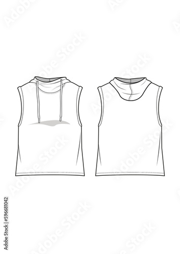 activewear sleeveless fleece french terry hoodie top fashion technical drawing / flat sketch /CAD / ADOBE Illustrator vector digital download	
