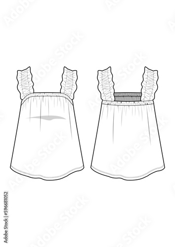 womenswear ruffle strap summer top fashion technical drawing / flat sketch /CAD / ADOBE Illustrator vector digital download	
