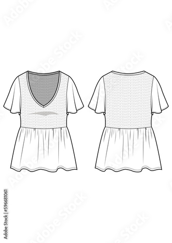 womenswear v-neck flutter sleeve peplum babydoll top with smocking bodice fashion technical drawing / flat sketch /CAD / ADOBE Illustrator vector digital download	

