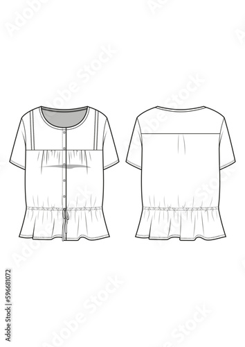womenswear short sleeve waist cinched peplum top t-shirt fashion technical drawing / flat sketch /CAD / ADOBE Illustrator vector digital download	
