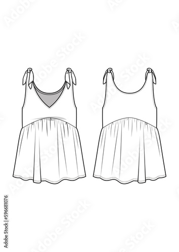womenswear summer babydoll top with strap tie fashion technical drawing / flat sketch /CAD / ADOBE Illustrator vector digital download	
 photo
