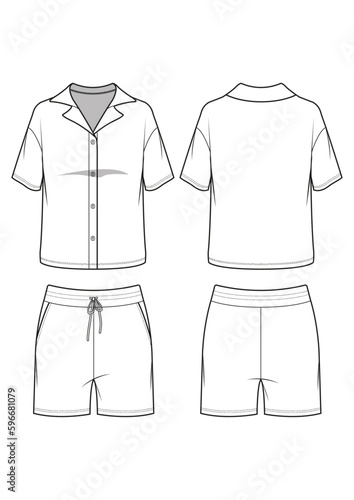 loungewear sleepwear pajama shirt and shorts fashion technical drawing / flat sketch /CAD / ADOBE Illustrator vector digital download	
