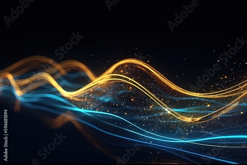 abstract futuristic background with Gold blue glowing neon moving high speed wave lines and bokeh lights. Data transfer concept Fantastic wallpaper, Ai Generative