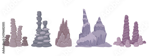 Mineral stalagmites. Natural growth geology formations, cave limestone rocks. Cartoon stalagmite columns flat vector illustration set