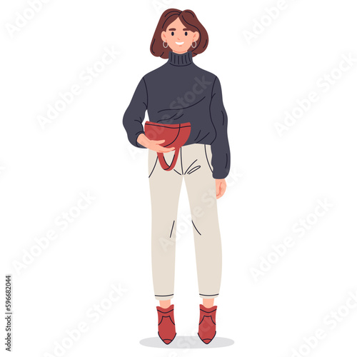 Woman wearing casual outfit. Young stylish female character wear fashion clothing flat cartoon vector illustration on white background