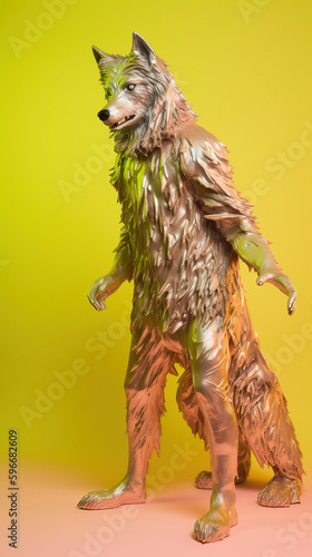 Pastel colored Werewolf on a yellow background. Glossy shiny fashion mythical creature wallpaper. Dreamy creative vibe aesthetics. Generative AI. © Kai Alves