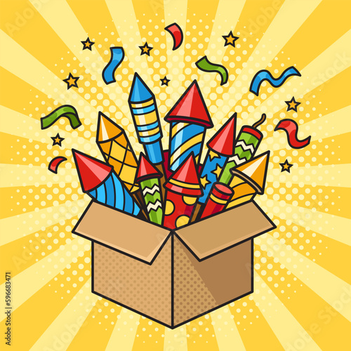 Box with fireworks rockets pinup pop art retro vector illustration. Comic book style imitation.