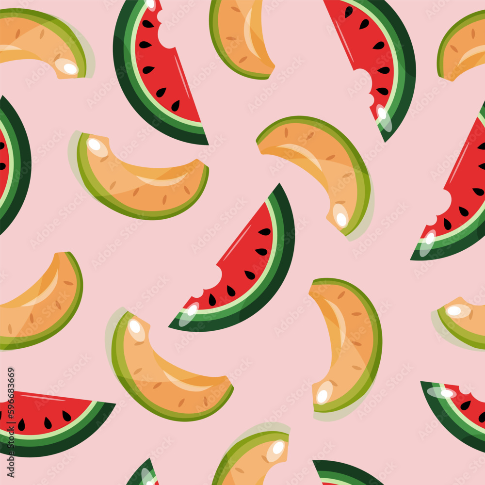 Fruit seamless pattern with melon and watermelon. Vector design on a pink background.