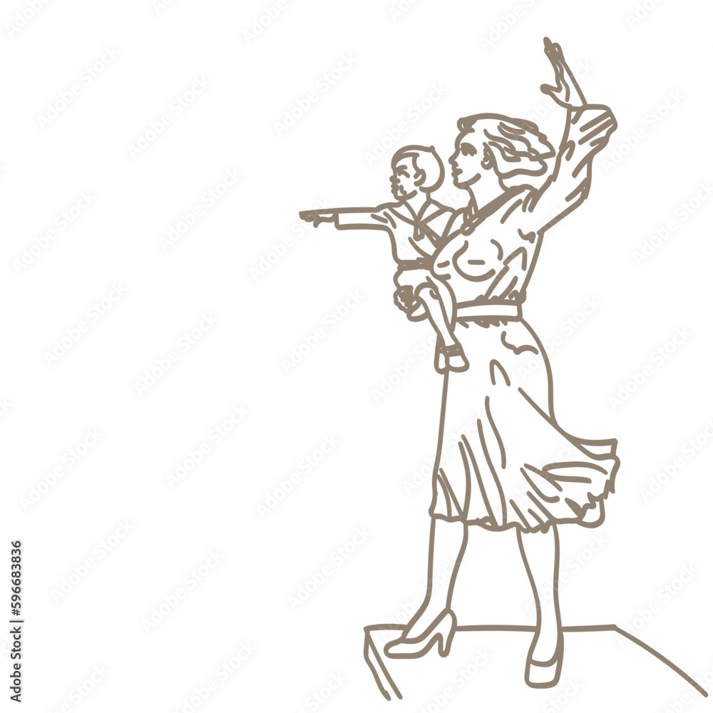 Line art, a girl is holding a child.