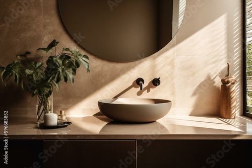 Contemporary  high-end beige bathroom vanity with white ceramic basin  natural light  leafy shadow on granite wall. Generative AI