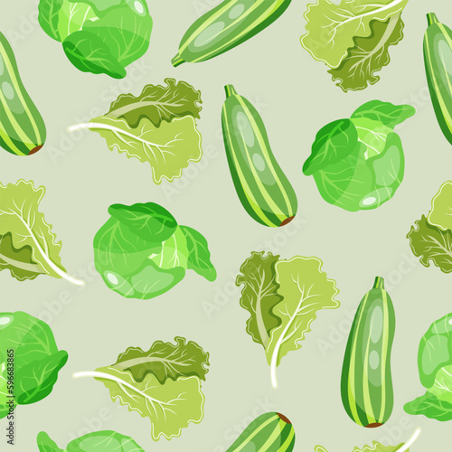 Seamless pattern on light green background with zzucchini, cabbage and lettuce leaves.