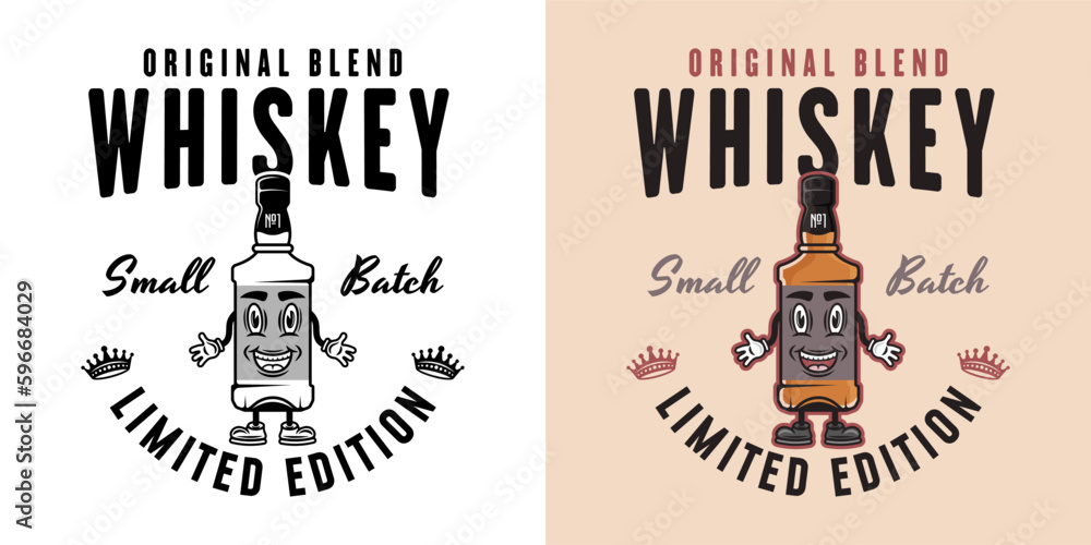 Fototapeta premium Whiskey smiling bottle vector emblem, badge, label or logo. Two styles monochrome and colored with removable textures