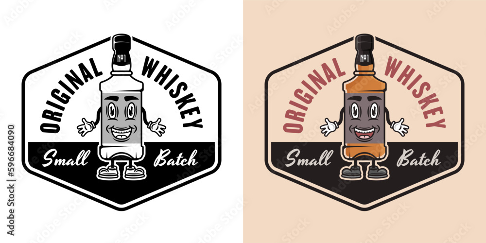 Whiskey smiling bottle vector emblem, badge, label or logo. Two styles monochrome and colored with removable textures