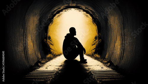 Silhouette einer Person die im Tunnel sitzt und Depressionen hat, Angst, Einsamkeit, Verlust, Generative AI  photo