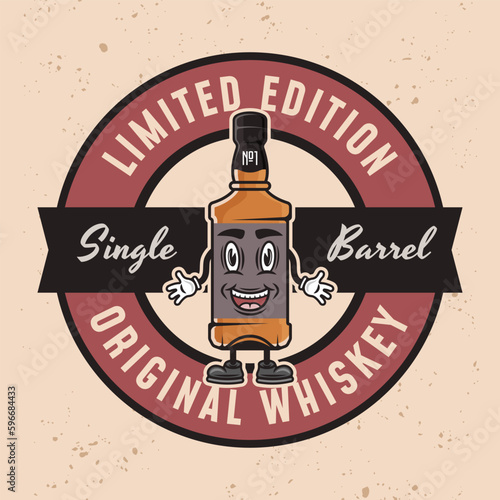 Whiskey smiling bottle vector colored emblem, badge, label or logo on light background
