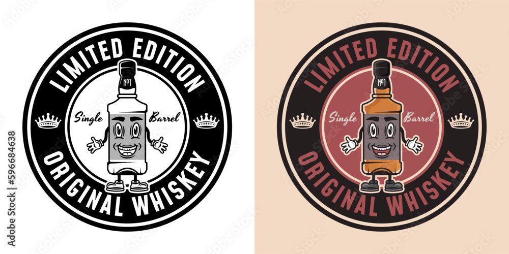 Whiskey bottle cartoon mascot vector round emblem, badge, label or logo. Two styles monochrome and colored with removable textures