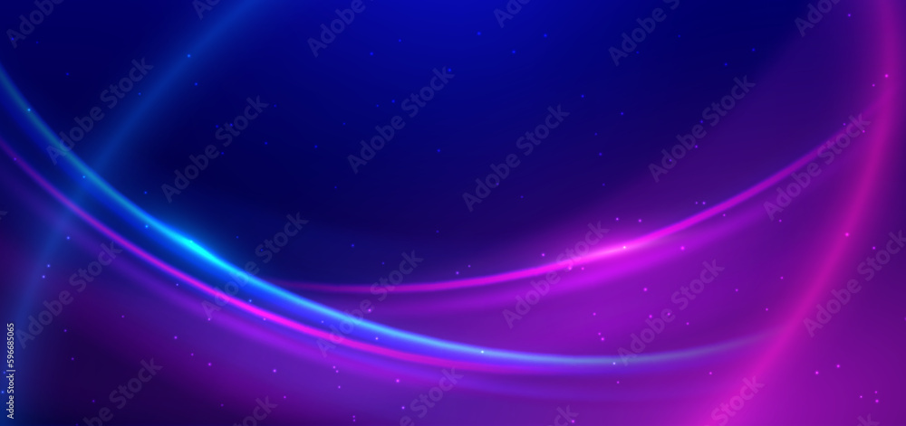 Abstract technology futuristic neon curved glowing blue and pink  light lines with speed motion blur effect on dark blue background.