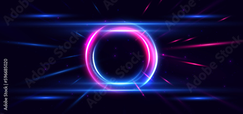 Abstract technology futuristic circles neon glowing blue and pink light lines with speed motion blur effect on dark blue background.