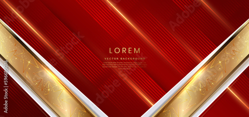 Abstract elegant red background with golden line and lighting effect. Luxury template award design.