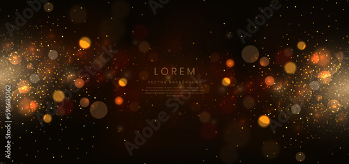 Abstract glowing gold dot on dark brown background with lighting effect and sparkle with copy space for text.