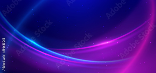 Abstract technology futuristic neon curved glowing blue and pink light lines with speed motion blur effect on dark blue background.
