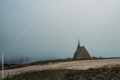 foggy  church on the hill