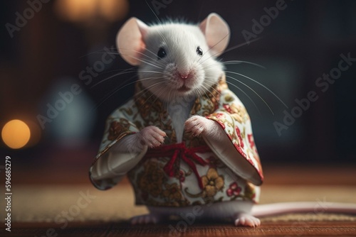 Adorable white mouse dressed in a traditional kimono displaying karate stances. Generative AI © Yseult