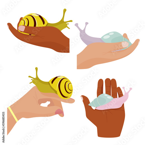 Set of human hands holding snails. Concept snail as a pet. 