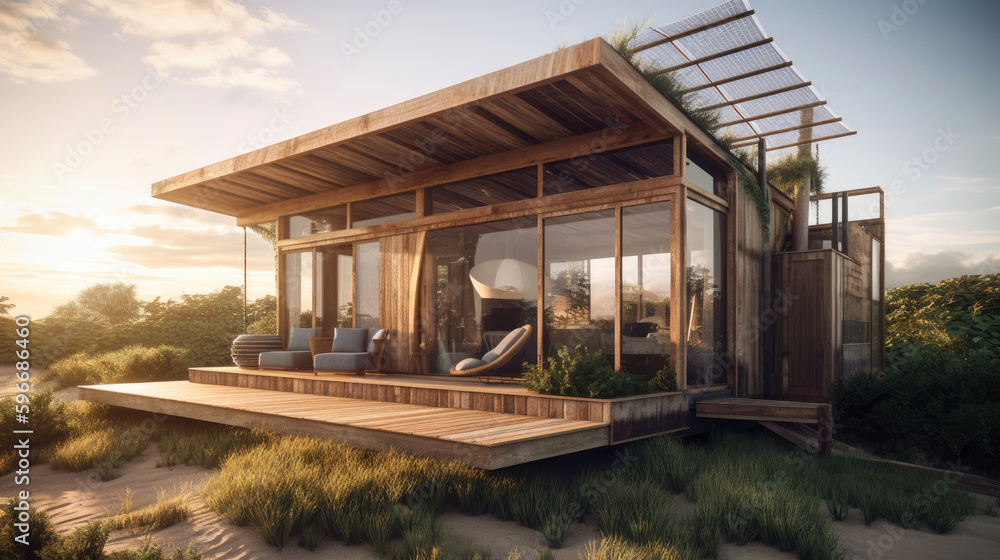 Eco-friendly beach cabin with a modern twist, featuring solar panels, reclaimed wood, and recycled materials. Generative AI Eco-friendly beach cabin with a modern twist, featuring solar panels, reclaimed wood, and recycled materials. Generative AI