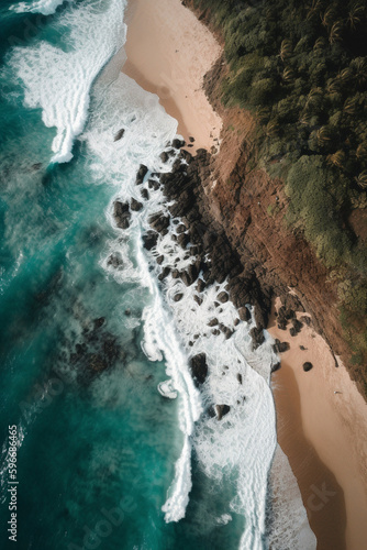 Top-down view of rocky beach shore generative AI
