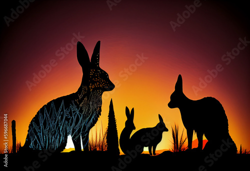 Animal and Landscape Silhouette Background Illustration, red, yellow, orange, black, created with Generative AI technology