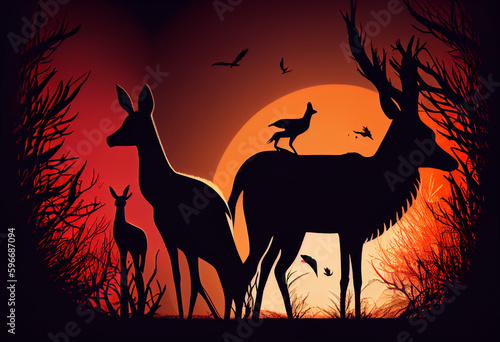 Animal and Landscape Silhouette Background Illustration  red  yellow  orange  black  created with Generative AI technology