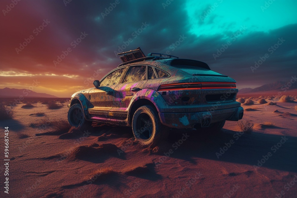 A digital cyberpunk art of a deserted car in a colorful wavering desert sky. Generative AI