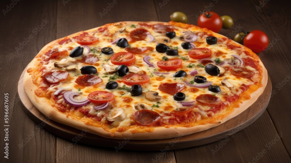  Delicious pizza with various toppings and melted cheese, generative ai