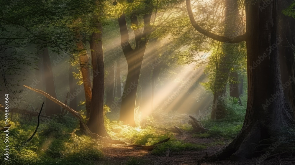  Enchanting forest scene with sunlight filtering through the trees, generative ai
