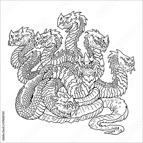 Lernaean Hydra - mythological creature. Multi headed dragon drawing. Fearsome monster. Vector illustration.