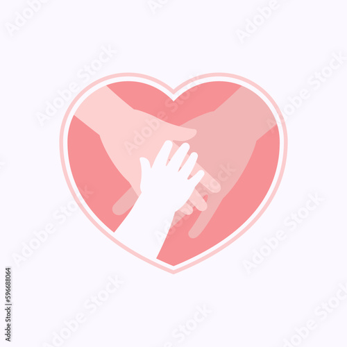 Three hands of family members, baby, mother and father, on top of each other in heart shaped flat design vector