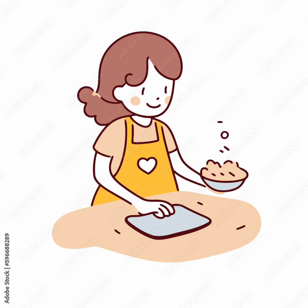 Girl baking cookies in the kitchen. Vector illustration in doodle style Girl baking cookies in the kitchen. Vector illustration in doodle style