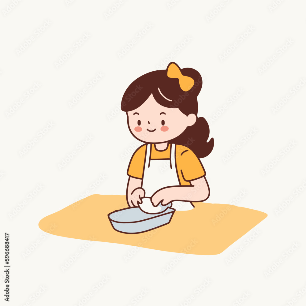 Cute little girl in apron baking cookies. Vector illustration. Cute little girl in apron baking cookies. Vector illustration.