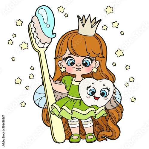 Cute cartoon long haired girl tooth fairy with big toothbrush color variation for coloring page on white background