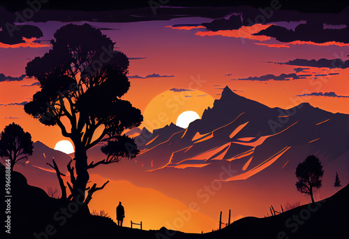 Landscape sunset silhouette background, Mountains, Trees, clouds, colored, red, yellow, orange, black, created with Generative AI Technology © Semasi