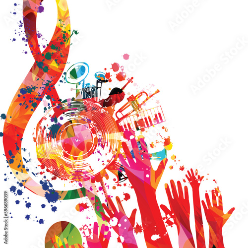 Colorful musical poster with G-clef, LP vinyl record and musical instruments vector illustration. Playful background for live concert events, music festivals and shows, party flyer with hands raised