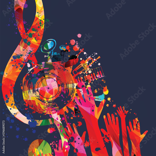 Colorful musical poster with G-clef, LP vinyl record and musical instruments vector illustration. Playful background for live concert events, music festivals and shows, party flyer with hands raised