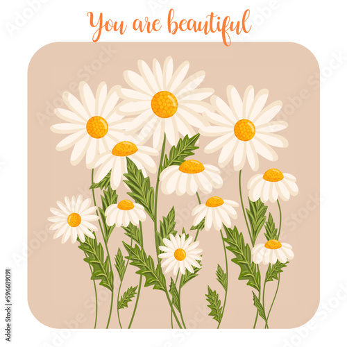Mother's day greeting card. Several chamomile flowers grow. Botanical vector isolated illustration for postcard, poster, invitation, ad, decor, fabric and other uses. Festive text can be replaced.