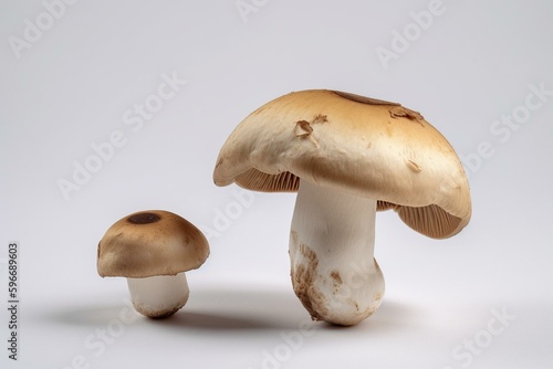 Two champignon mushrooms, one whole, one half, on white background. Generative AI