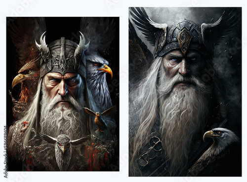 Scandinavian mythological god odin set.  Created with Generative AI technology.	