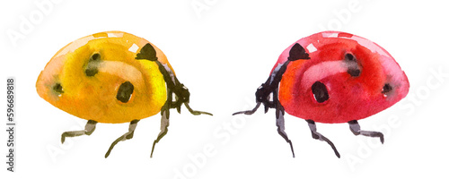 Watercolor Ladybugs in Red and Yellow. Clipart with Ladybirds